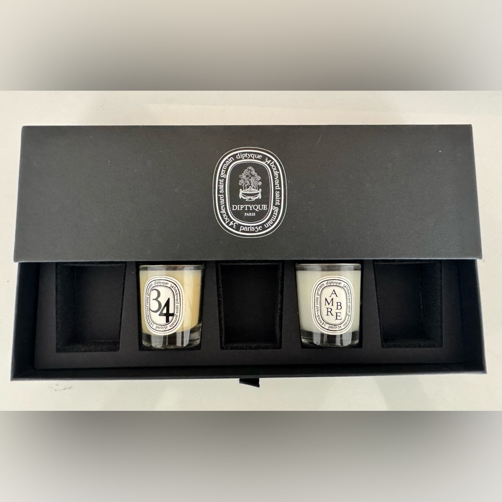 Diptyque Travel Candle Set of 2 - Ambre & 34 Boulevard St Germain with Gift Box